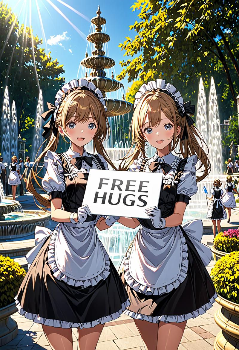 00132-2905684414-30-reproductionSDXL_v28-7-(beautiful maid two girls holding placard that says Free Hugs_1.4), park fountain, detailed shining eyes, sun lighting, [anime].png